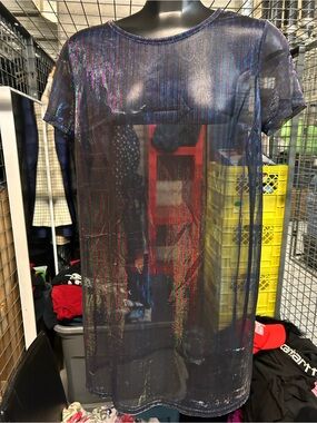 Super cool Sheer Iridescent blue green purple shiftShort-Sleeve Shirt tunic M/L